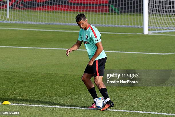 Portugals forward Cristiano Ronaldo Portugal's National Team Training session in preparation for the Euro 2016 at FPF Cidade do Futebol on June 5,...