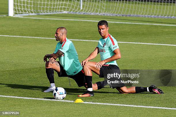 Portugals forward Cristiano Ronaldo with Portugals forward Ricardo Quaresma Portugal's National Team Training session in preparation for the Euro...