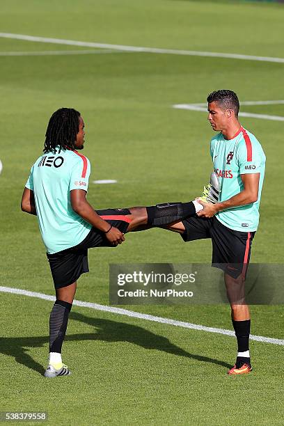 Portugals midfielder Renato Sanches with Portugals forward Cristiano Ronaldo in action during Portugal's National Team Press Conference and Training...