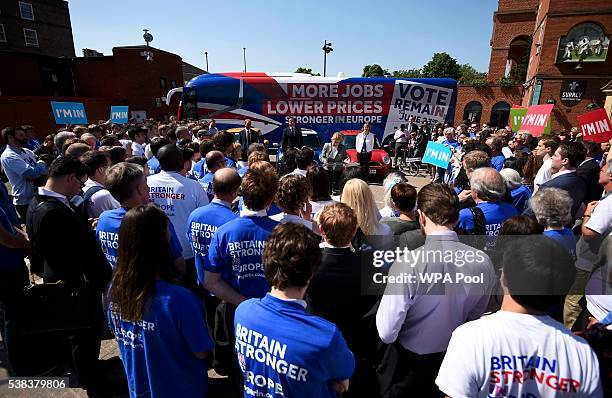 Supporters and Britain's Prime Minister David Cameron, Liberal Democrat Leader Tim Farron and Labour MP Harriet Harman listen to Green Party leader...