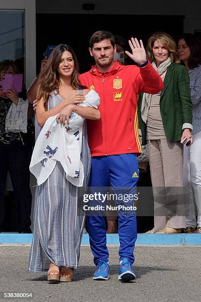 Porto goalkeeper Iker Casillas and Sara Carbonero present their newborn child Lucas at Ruber International Hospital on June 6, 2016 in Madrid, Spain.