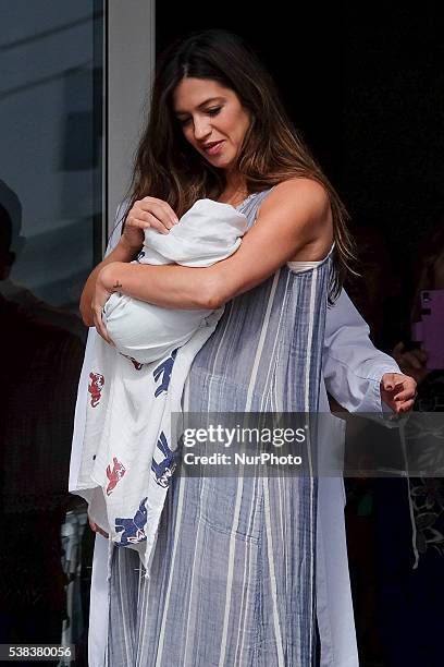 Sara Carbonero present their newborn child Lucas at Ruber International Hospital on June 6, 2016 in Madrid, Spain.