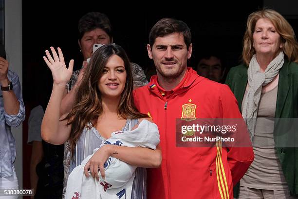 Porto goalkeeper Iker Casillas and Sara Carbonero present their newborn child Lucas at Ruber International Hospital on June 6, 2016 in Madrid, Spain.