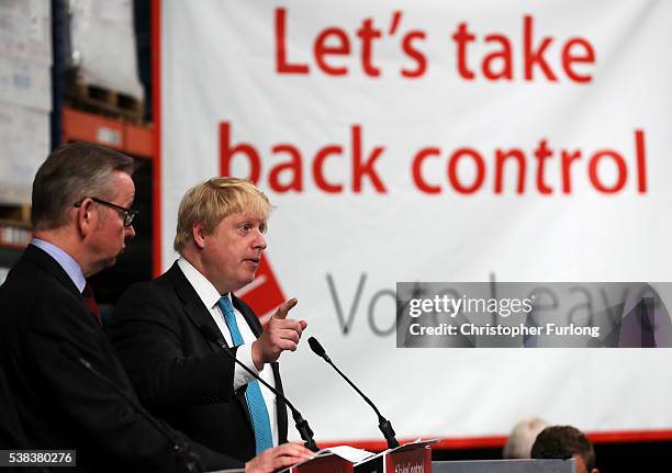 Boris Johnson MP and Michael Gove MP address workers during a Vote Leave campaign visit to DCS Manufacturing Group on June 6, 20016 in...