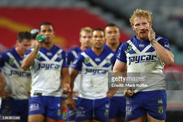 James Graham of the Bulldogs looks dejected after a Sharks try during the round 13 NRL match between the Canterbury Bulldogs and the Cronulla Sharks...