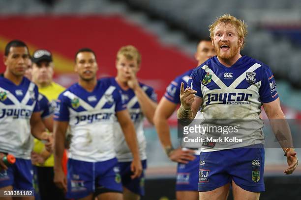 James Graham of the Bulldogs looks dejected after a Sharks try during the round 13 NRL match between the Canterbury Bulldogs and the Cronulla Sharks...