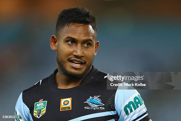 Ben Barba of the Sharks watches on during the round 13 NRL match between the Canterbury Bulldogs and the Cronulla Sharks at ANZ Stadium on June 6,...