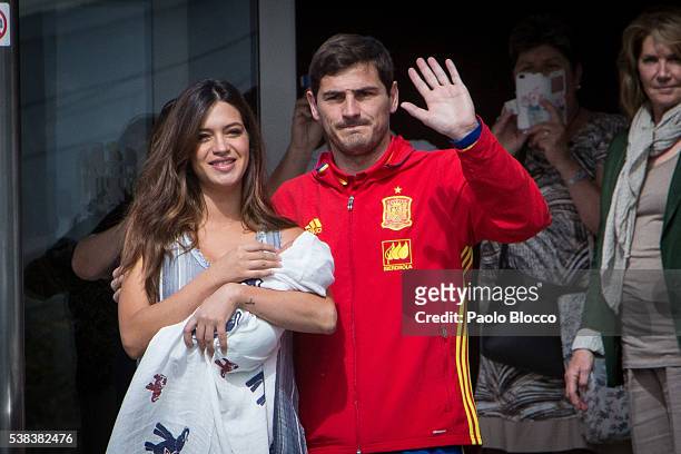 Porto goalkeeper Iker Casillas and Sara Carbonero present their newborn child Lucas at Ruber International Hospital on June 6, 2016 in Madrid, Spain.