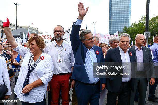 Bronislaw Komorowski, Aleksander Kwasniewski, Mateusz Kijowski, Anna Komorowska attend the independence march All For Freedom on June 4, 2016 in...