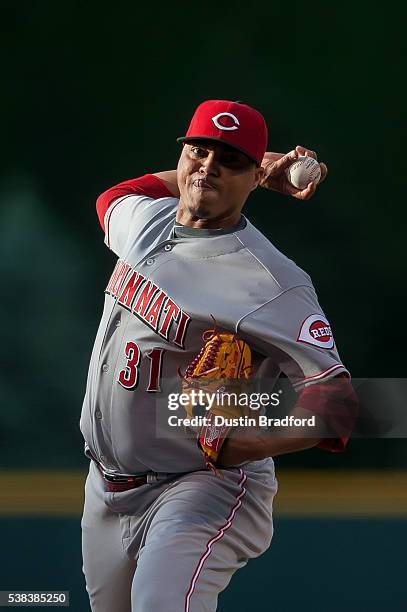 Alfredo Simon of the Cincinnati Reds pitches against the Colorado Rockies in the first inning of a game at Coors Field on June 2, 2016 in Denver,...