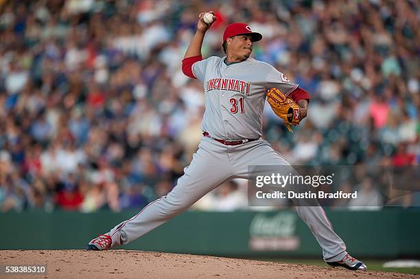 Alfredo Simon of the Cincinnati Reds pitches against the Colorado Rockies during a game at Coors Field on June 2, 2016 in Denver, Colorado.