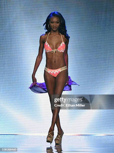 Miss District of Columbia USA 2016 Deshauna Barber competes in the swimsuit competition during the 2016 Miss USA pageant at T-Mobile Arena on June 5,...