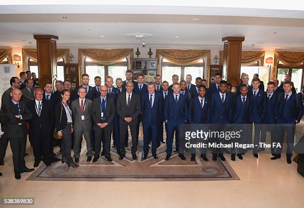 Roy Hodgson manager of England and players pose with the Mayor of Chantilly, Eric Woerth and delegates as the England team arrive for UEFA Euro 2016...
