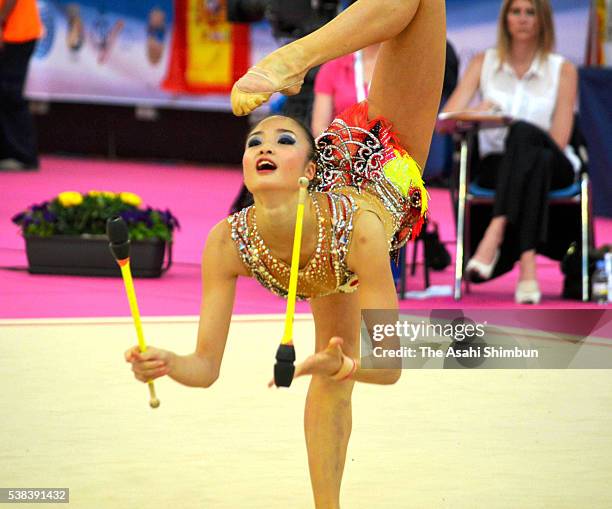 Kaho Minagawa of Japan competes in the Clubs on day three of the Rhythmic Gymnastics World Cup Guadalajara at Pabellon Multiusos Guadalajara on June...