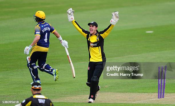Gareth Roderick of Gloucestershire as Jacques Rudolph of Glamorgan is run out during the Royal London One Day Cup match between Glamorgan and...
