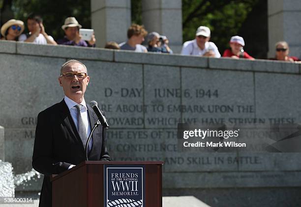 European Union Ambassador David O'Sullivan speaks during a D-Day anniversary wreath laying ceremony at the National World War II Memorial on June 6,...