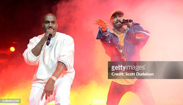 Rappers Kanye West and Big Sean perform onstage at the Power 106 Powerhouse show at Honda Center on June 3, 2016 in Anaheim, California.