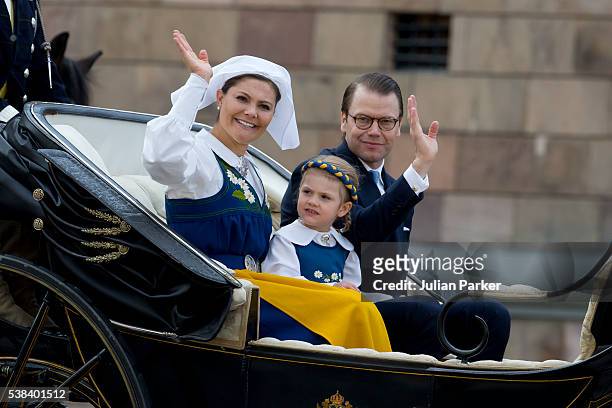 Crown Princess Victoria of Sweden, Princess Estelle of Sweden and Prince Daniel of Sweden, during a carriage procession on Sweden's National Day...