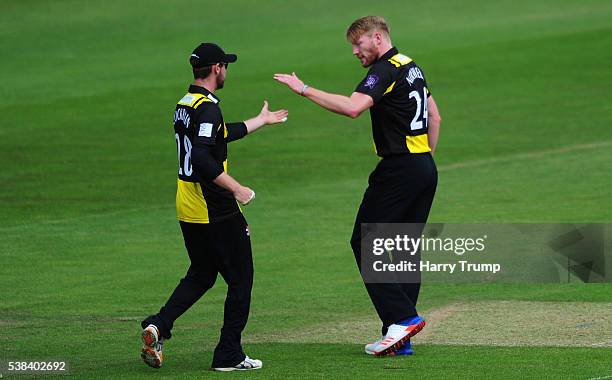 Liam Norwell of Gloucestershire celebrates after dismissing Chris Cooke of Glamorgan during the Royal London One Day Cup match between Glamorgan and...