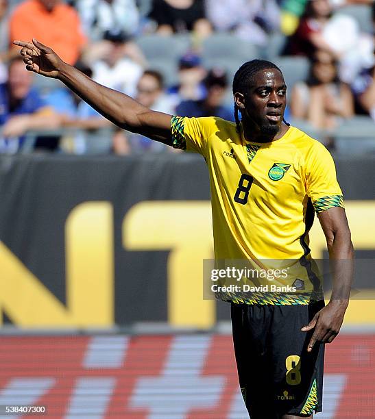 Clayton Donaldson of Jamaica reacts to a call during a group C match between Jamaica and Venezuela at Soldier Field Stadium as part of Copa America...