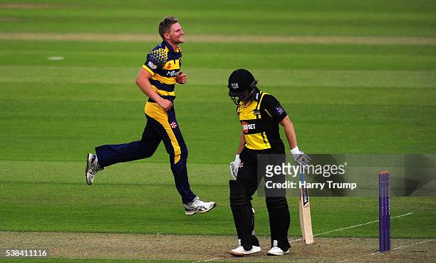 Timm Van Der Gugten of Glamorgan celebrates after dismissing Hamish Marshall of Gloucestershire during the Royal London One Day Cup match between...