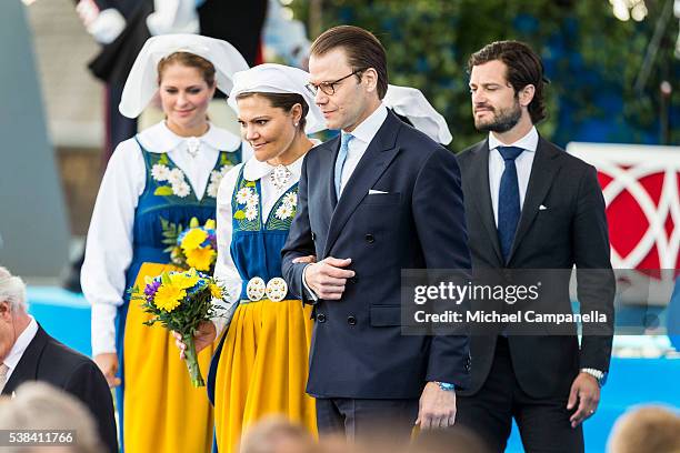 Crown Princess Victoria and Prince Daniel of Sweden arrive at a ceremony celebrating Sweden's national day at Skansen on June 6, 2015 in Stockholm,...
