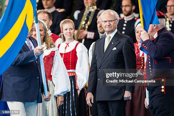 King Carl XVI Gustaf of Sweden participates in a ceremony celebrating Sweden's national day at Skansen on June 6, 2015 in Stockholm, Sweden.