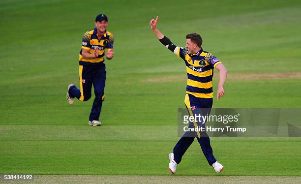 Craig Meschede of Glamorgan celebrates after dismissing Ian Cockbain of Gloucestershire during the Royal London One Day Cup match between Glamorgan...