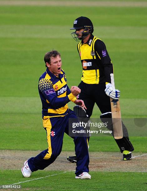 Colin Ingram of Glamorgan celebrates after dismissing Jack Taylor of Gloucestershire during the Royal London One Day Cup match between Glamorgan and...