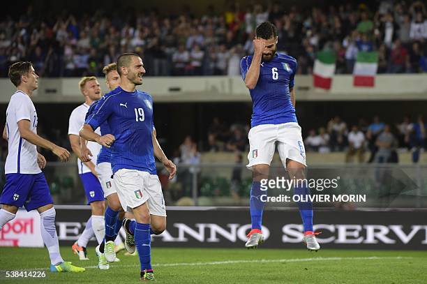 Italy's midfieldrer Antonio Candreva celebrates after scoring a penalty kick during the friendly football match Italy vs Finland, on June 6 in...
