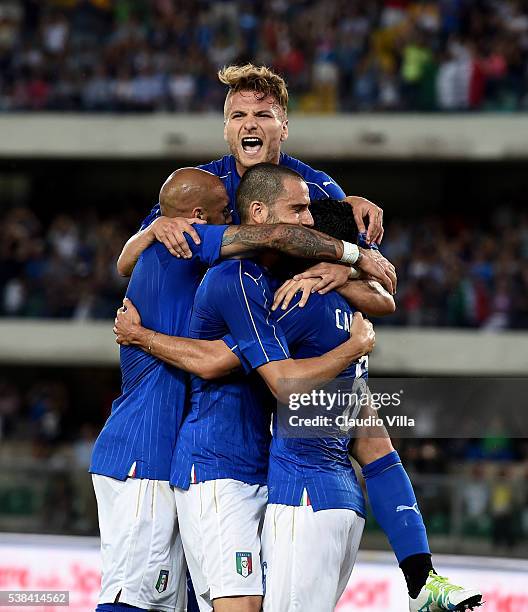 Antonio Candreva of Italy celebrates after scoring the opening goal during the international friendly match between Italy and Finland on June 6, 2016...