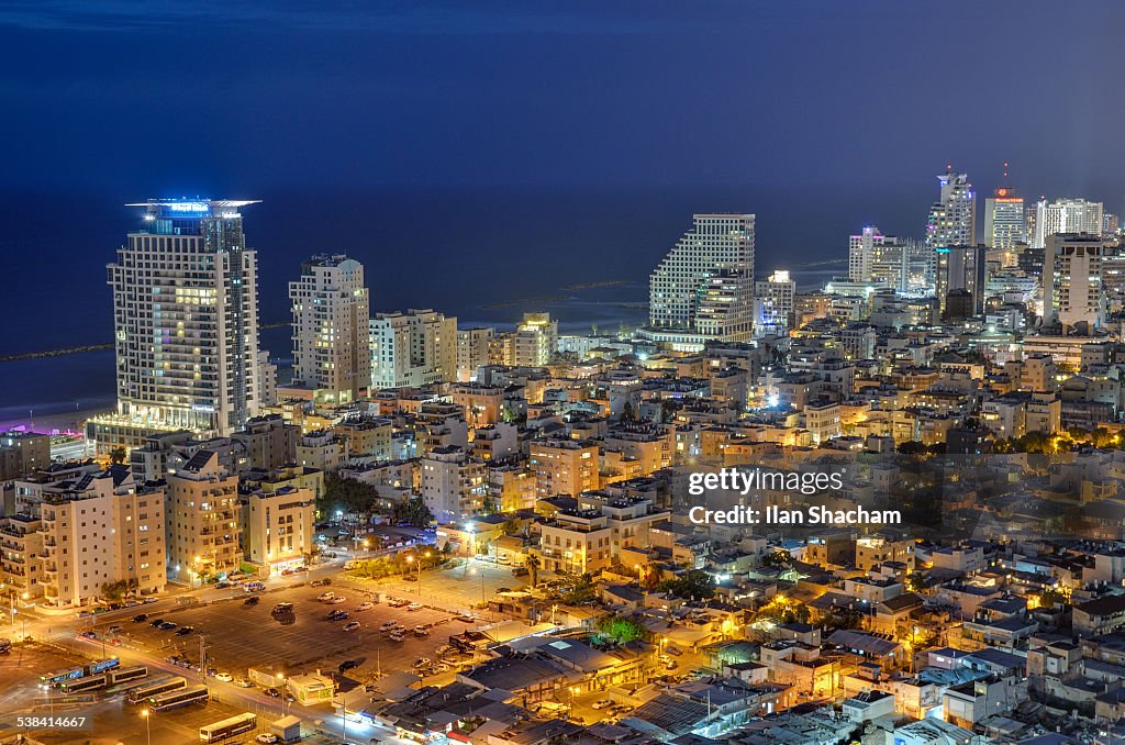 Dusk on Tel Aviv beach skyline