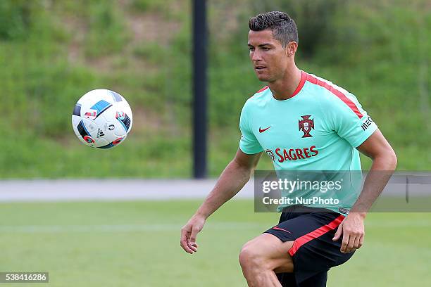 Portugal's forward Cristiano Ronaldo in action during a Portugal training session in preparation for Euro 2016 at FPF Cidade do Futebol on June 6,...