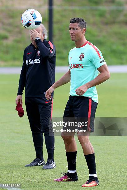 Portugal's forward Cristiano Ronaldo in action during a Portugal training session in preparation for Euro 2016 at FPF Cidade do Futebol on June 6,...