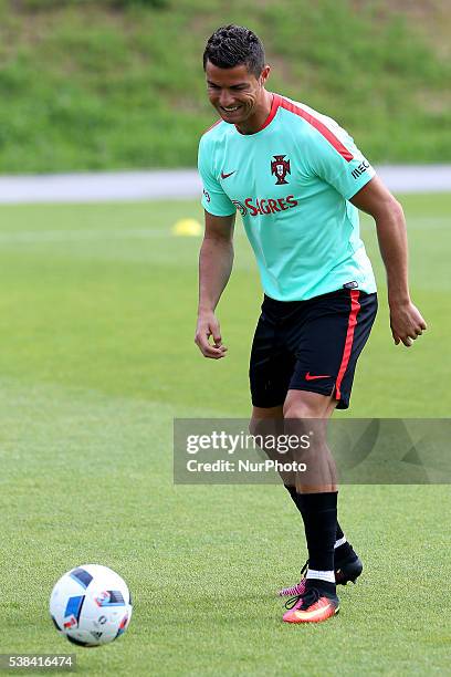 Portugal's forward Cristiano Ronaldo in action during a Portugal training session in preparation for Euro 2016 at FPF Cidade do Futebol on June 6,...