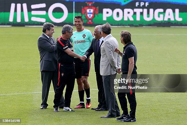 Portugal's forward Cristiano Ronaldo with Portugal's Prime Minister Antonio Costa during a Portugal training session in preparation for Euro 2016 at...