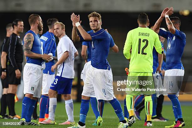 Ciro Immobile of Italy salutes the fans at the end of the international friendly match between Italy and Finland on June 6, 2016 in Verona, Italy.