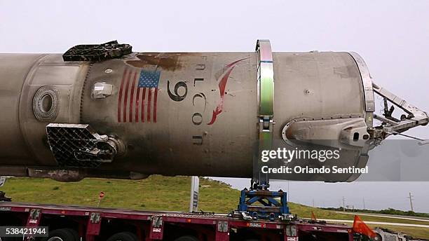 SpaceX moves the first stage of a Falcon 9 rocket from Port Canaveral on Monday, June 6, 2016.