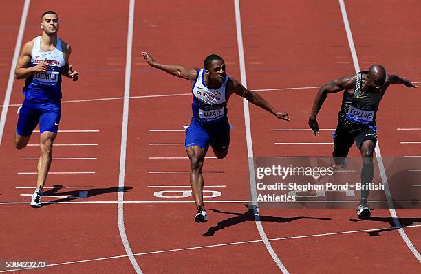 Kim Collins of St Kitts and Nevis wins ahead of Chijindu Ujah and Adam Gemili of Great Britain in the mens 100m during the Birmingham Diamond League...