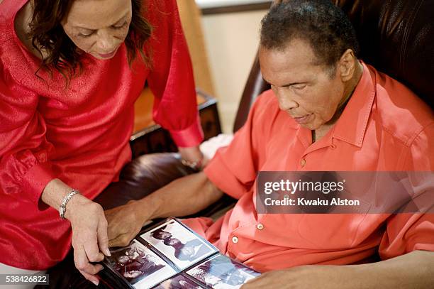 Champion boxer Muhammad Ali is photographed with his wife Lonnie Ali for AARP Magazine on June 1, 2014 in Phoenix, Arizona.