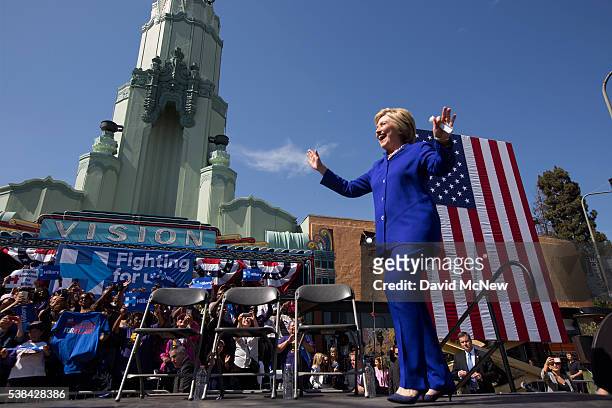 Democratic presidential candidate Hillary Clinton arrives to the South Los Angeles Get Out The Vote Rally at Leimert Park Village Plaza on June 6,...