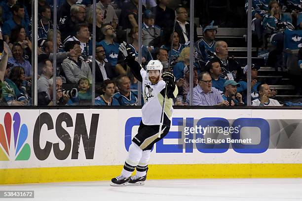 Ian Cole of the Pittsburgh Penguins celebrates after scoring against the San Jose Sharks in the first period of Game Four of the 2016 NHL Stanley Cup...