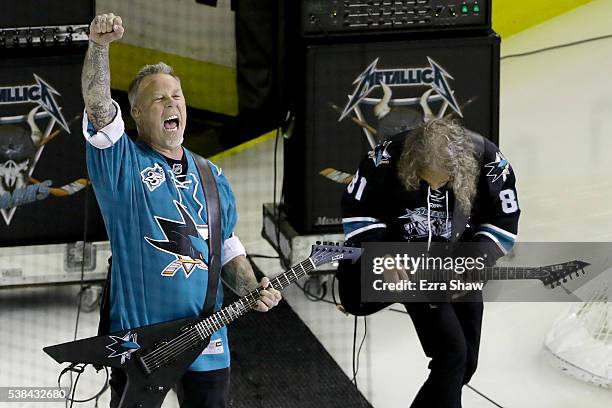 James Hetfield and Kirk Hammett of Metallica perform the national anthem prior to Game Four of the 2016 NHL Stanley Cup Final between the Pittsburgh...