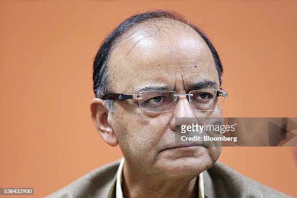 Arun Jaitley, India's finance minister, attends a news conference in New Delhi, India, on Monday, June 6, 2016. India's state-run banks should be...