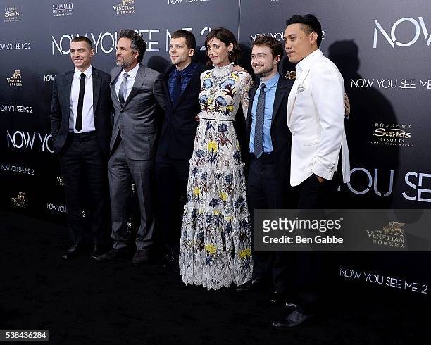 Dave Franco, Mark Ruffalo, Jesse Eisenberg, Lizzy Caplan, Daniel Radcliffe and director Jon M. Chu attend the "Now You See Me 2" World Premiere at...