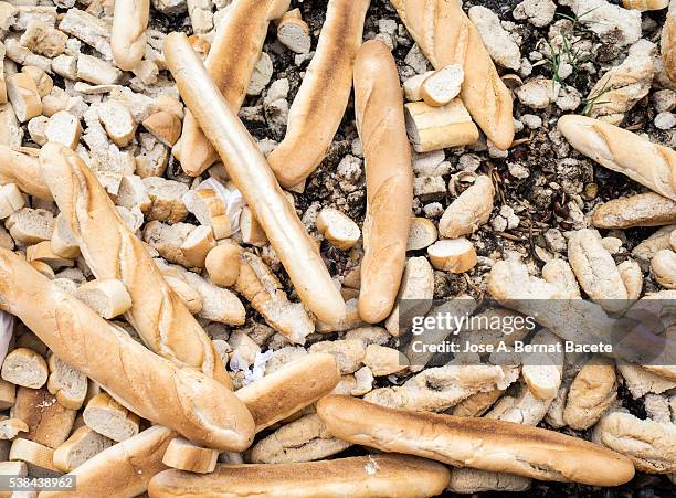 heap of loafs outdoors in a dump for food of animals - moldy bread stock pictures, royalty-free photos & images