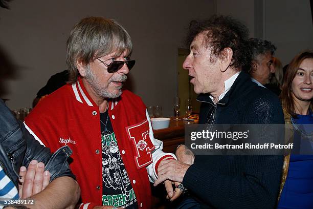 Singers Renaud Sechan and Alain Souchon attend the Concert of Patrick Bruel at Theatre Du Chatelet on June 6, 2016 in Paris, France.