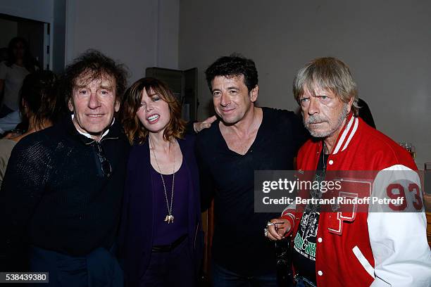 Singer Alain Souchon, Isabelle Morizet, singers Patrick Bruel and Renaud Sechan pose after the Concert of Patrick Bruel at Theatre Du Chatelet on...