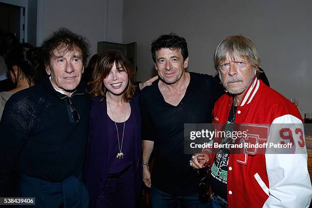 Singer Alain Souchon, Isabelle Morizet, singers Patrick Bruel and Renaud Sechan pose after the Concert of Patrick Bruel at Theatre Du Chatelet on...