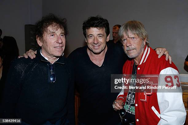 Singers Alain Souchon, Patrick Bruel and Renaud Sechan pose after the Concert of Patrick Bruel at Theatre Du Chatelet on June 6, 2016 in Paris,...